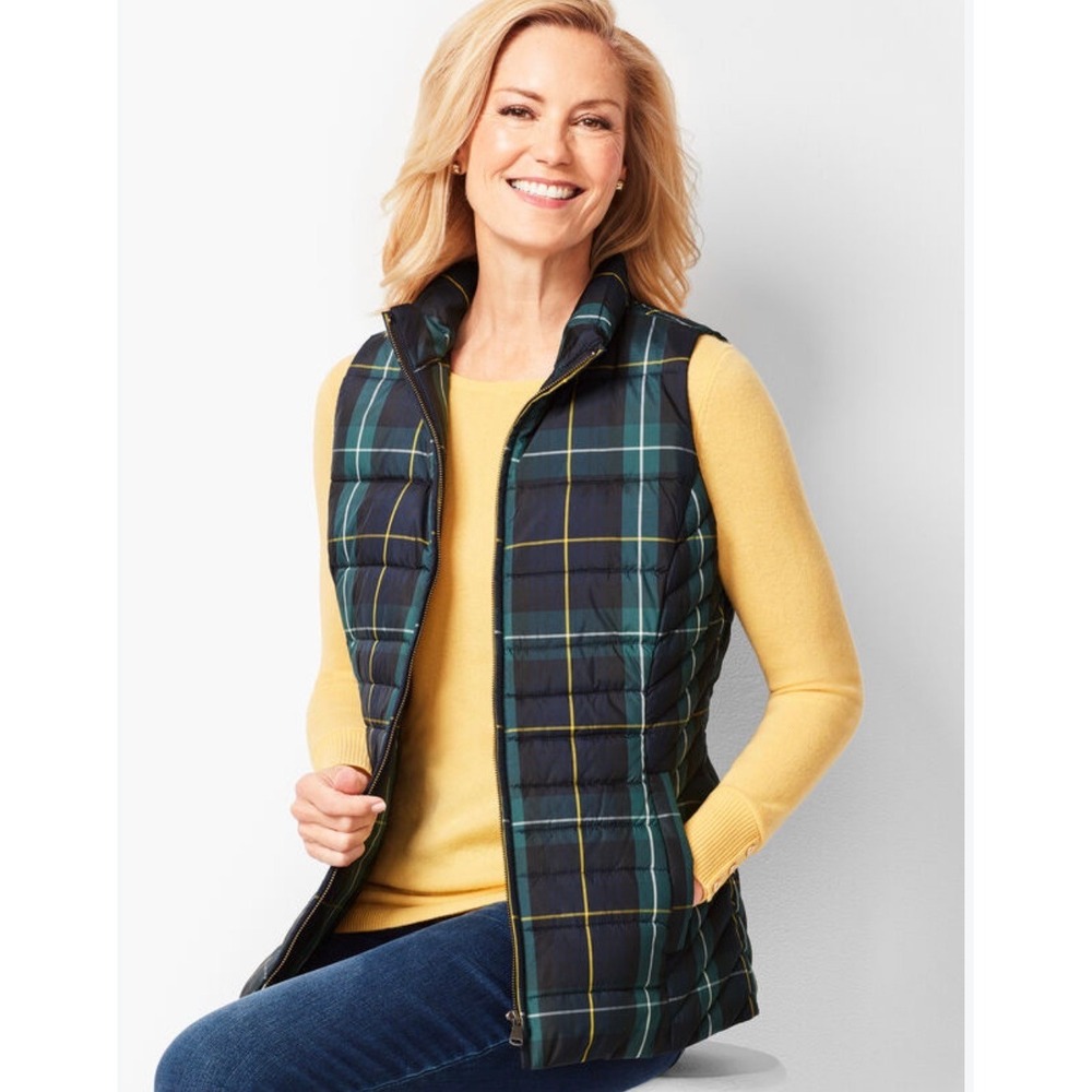 NWT Talbots Plus Black Watch Plaid Puffer Vest Green Navy Tartan Quilted Zip 1X